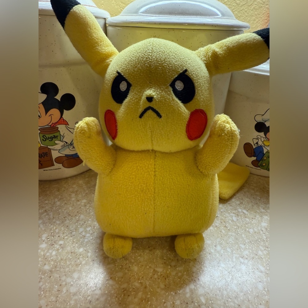 Pokemon Angry Pikachu Plush by Tomy Yellow with Red Cheeks and Black Ear Tips